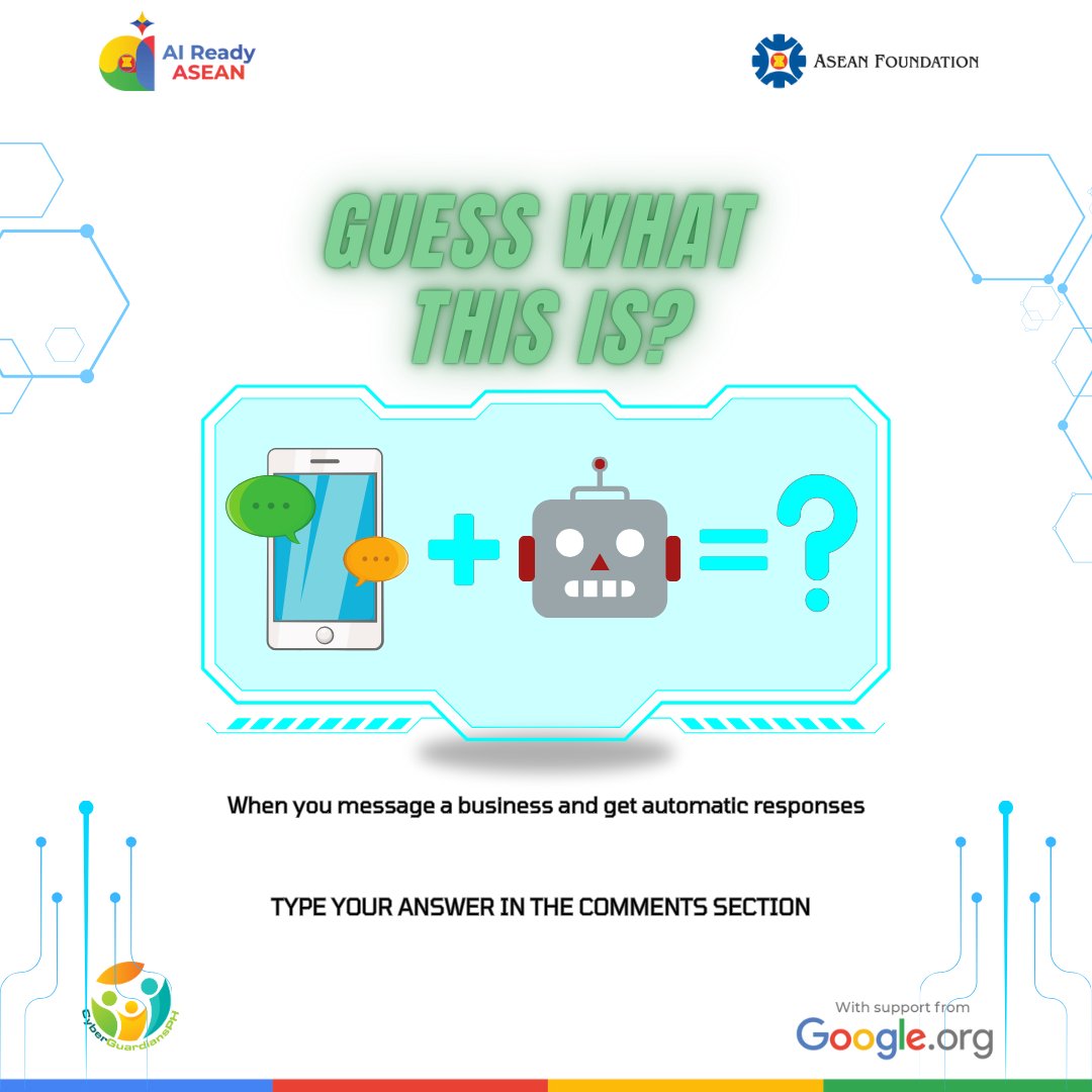 CGuardiansPH's tweet photo. Can you guess what it is?
Let’s see if you can crack this techie clue! 
“When you message a business and get automatic responses.”

Got your answer? Drop it in the comments and tag your friends to join the fun!
@aseanfoundation 

#CGPH2025 #AIReadyASEAN #FutureReadyASEAN #BeASEAN https://t.co/hJDdrZxS2C