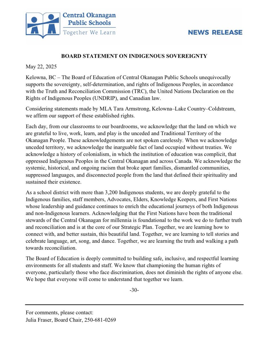 Central OK Board of Education Public Statement supporting Indigenous students, families, WFN &amp; Indigenous Partners in Ed. We commit to providing safe, inclusive, learning environments for our students. We must not allow harmful rhetoric go unchallenged. #sd23 #sd23ed #sd23learns