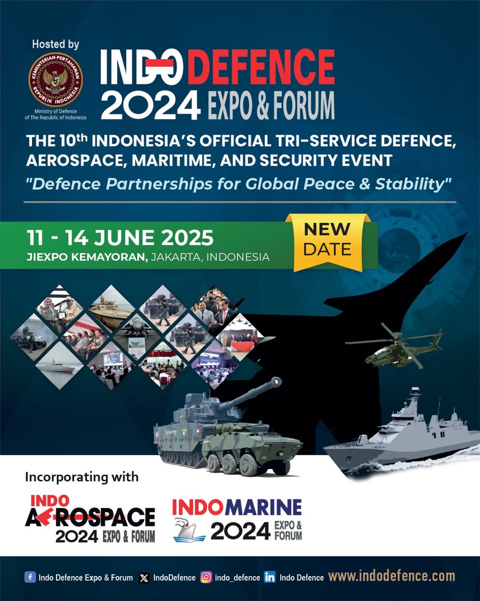 #SobatKemhan, Indo Defence 2024 Expo &amp; Forum akan diselenggarakan pada 11–14 Juni 2025 di JIExpo Kemayoran, Jakarta, mengusung tema: “Defence Partnerships for Global Peace &amp; Stability.”