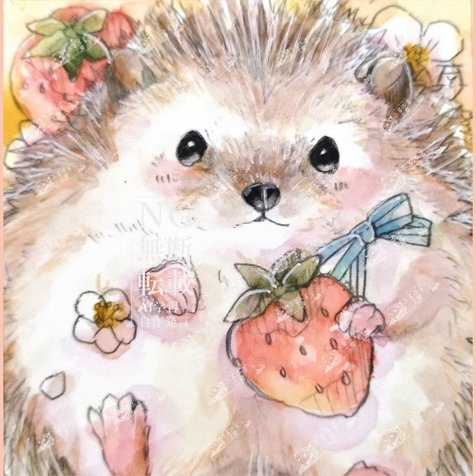 ハリネズミ　油彩画　原画 水彩画(イチゴ) 原画 マット無し （ハリネズミ寝袋 とんがり苺L