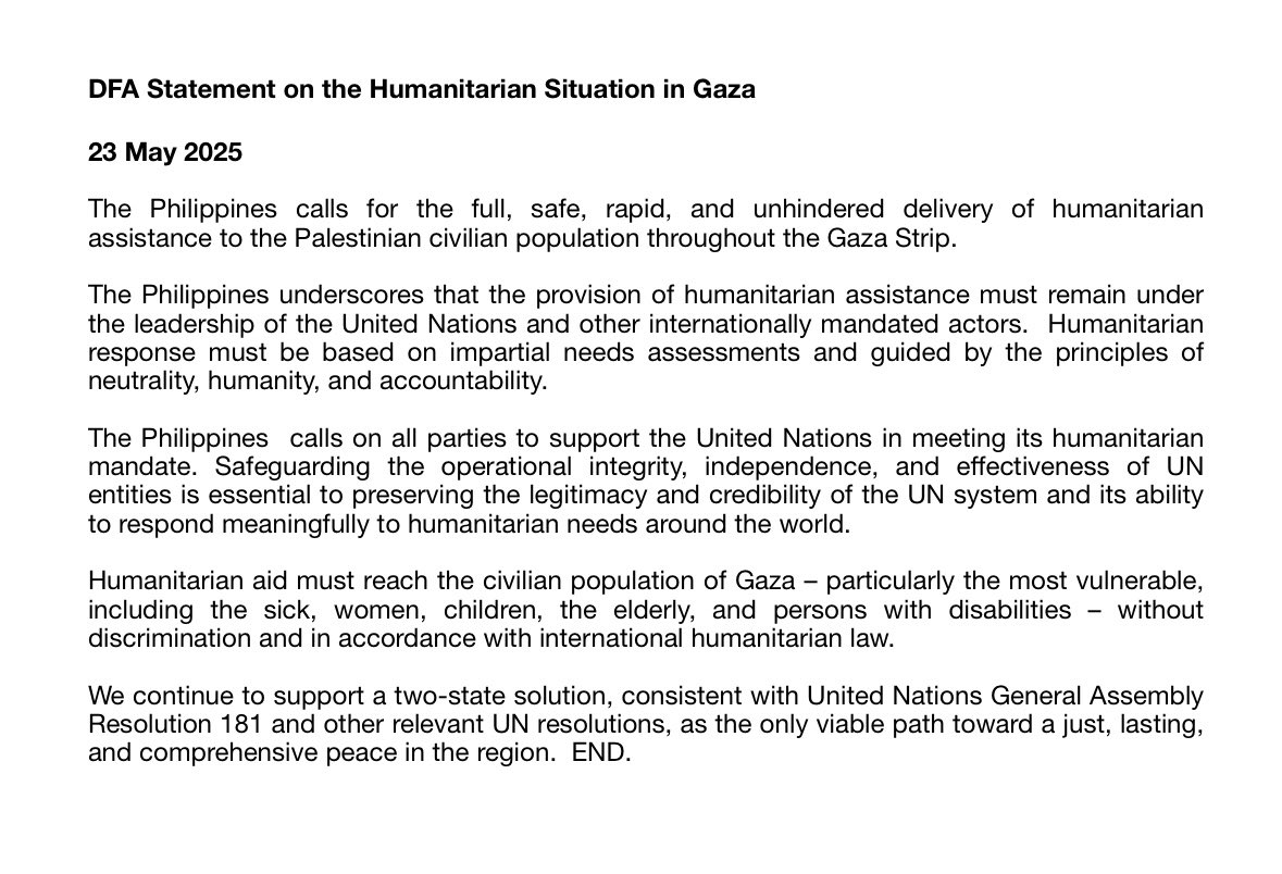 READ: Philippines calls for full, safe, rapid, and unhindered delivery of humanitarian assistance to the Gaza Strip and reiterates support for a two-state solution. | via <a href="/zenhernandez/">Zen Hernandez</a>