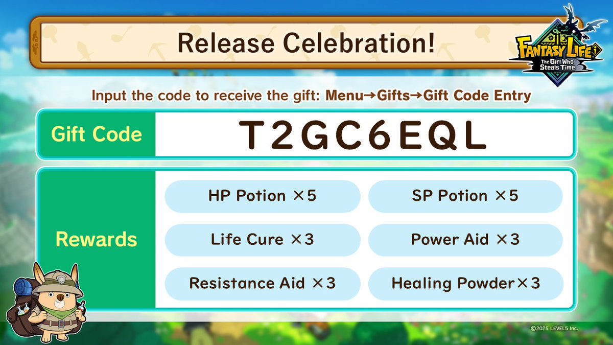 FANTASYLIFE_EN's tweet photo. Release Celebration Gift Code 🎉

「T2GC6EQL」

To celebrate the release of Fantasy Life i, we're giving away a set of items to kick off your adventure!
Use recovery items like HP Potions or boost your attack with a Power Aid, we hope they come in handy on your journey.

#FLi https://t.co/EefcmcdBTN