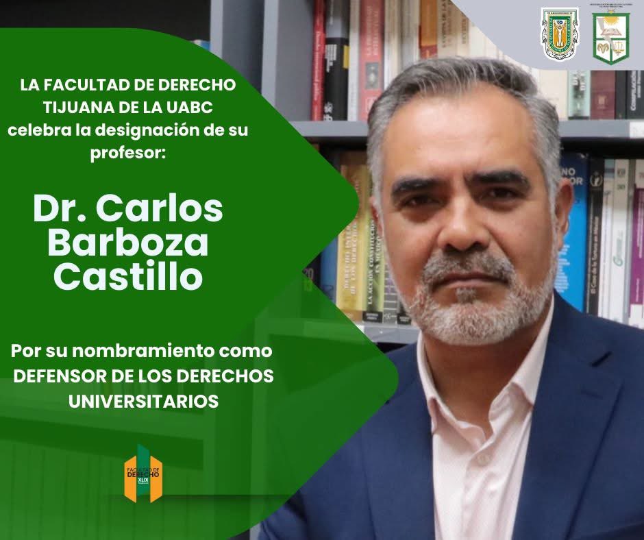 La Facultad de Derecho se congratula por la designación de nuestro profesor Carlos Barboza como primer Defensor de los Derechos Universitarios de la <a href="/UABC_oficial/">UABC_oficial</a>  nombrado el día de hoy ante el Consejo Universitario. ¡Le deseamos el mayor de los éxitos en esta nueva etapa!