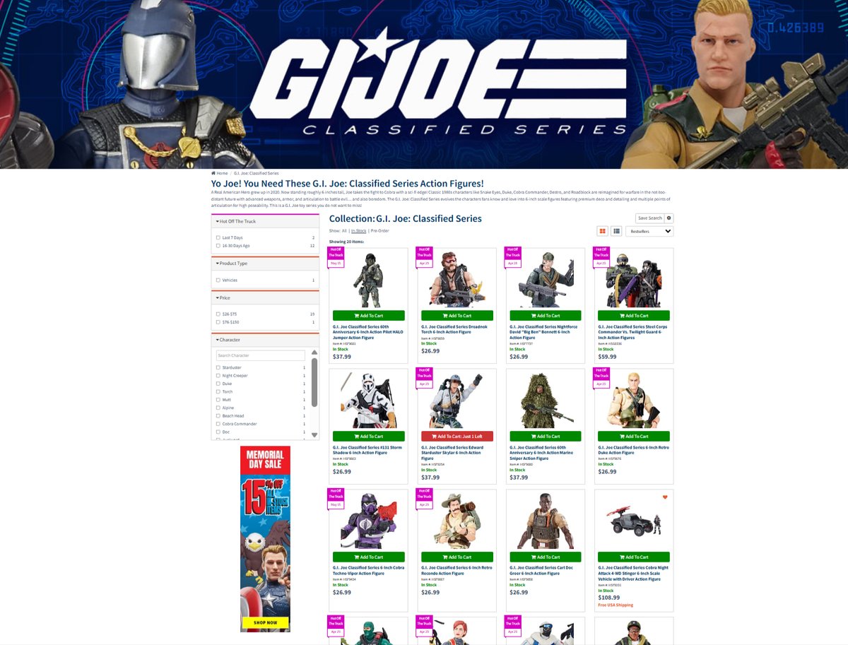 gijoe6inch's tweet photo. Memorial Day 15% off all in stock GI JOE (and everything else) at

➡️ https://t.co/XzAtZGYCF2

#gijoe #gijoeclassifed #ad https://t.co/C4batd4jva