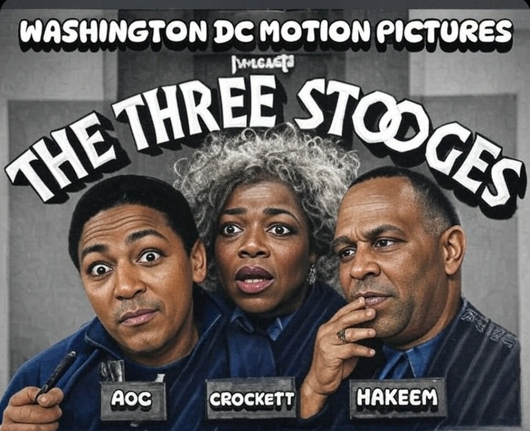 BillX369's tweet image. Washington DC Motion Pictures presents THE THREE STOOGES! AOC, Crockett, and Hakeem bring slapstick chaos to Congress—debates, pies, and laughs! #ThreeStoogesDC #PoliticalComedy #ViralMeme