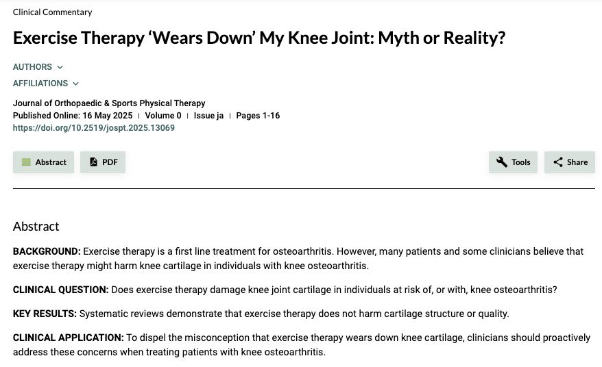 Alessio Bricca (@a_bricca) on Twitter photo 📢 Attention clinicians treating patients with #knee #osteoarthritis!
A new paper in <a href="/JOSPT/">JOSPT Community</a> from Ewa Roos, Carsten Juhl, and I to address a persistent myth in osteoarthritis management.
jospt.org/doi/abs/10.251… 📢 Attention clinicians treating patients with #knee #osteoarthritis!
A new paper in <a href="/JOSPT/">JOSPT Community</a> from Ewa Roos, Carsten Juhl, and I to address a persistent myth in osteoarthritis management.
jospt.org/doi/abs/10.251…