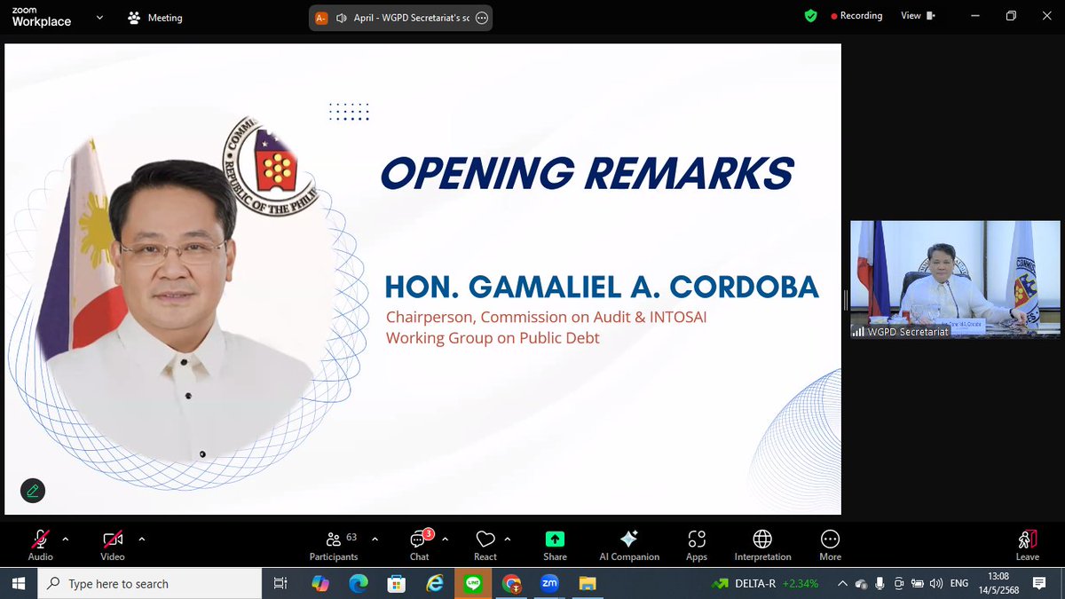 A representative of SAI Thailand attends the INTOSAI WGPD and IDI joint webinar on "Public Debt Sustainability: An Introduction and the Role of SAIs," which takes place on May 14, 2025
The webinar aims to highlight the important role of SAIs in ensuring public debt sustainability