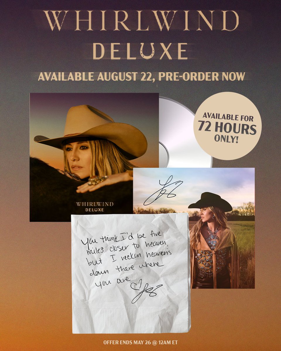 🚨 5 NEW TRACKS are coming straight home to you on August 22! Preorder the limited edition ‘Whirlwind (Deluxe)’ CD with signed insert now! 💿 

Only available for 72 hours! Get ‘em while you can! shop.laineywilson.com/products/whirl…