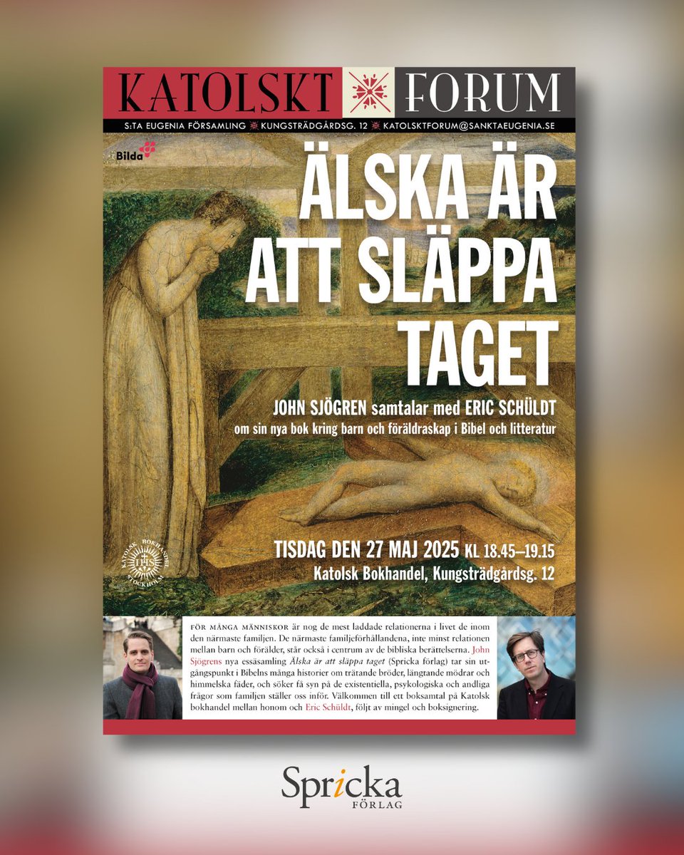 sprickaforlag's tweet photo. Bokrelease: Eric Schüldt samtalar med John Sjögren om dennes nya bok "Älska är att släppa taget", tisdag den 27 maj 2025 kl 18.45, på Katolsk bokhandel i Stockholm (https://t.co/FgZ8wdZxJ0).

"För många människor är nog de mest laddade relationerna i livet >> https://t.co/WXmWhlnv5t