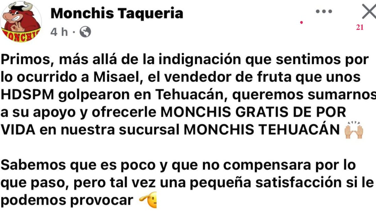 🌮 La taquería Monchis lanzó un mensaje en redes sociales buscando al joven Misael, agredido recientemente, para ofrecerle tacos gratis de por vida en su sucursal de Tehuacán como muestra de solidaridad.
acento21.com/municipios/taq…