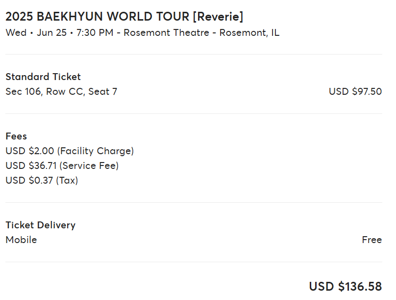HyuneeBeLight's tweet photo. #WTS Baekhyun Reverie Tour Ticket - Rosemont Theatre
Section 106, Row CC, Seat 7
selling at face value, got a better seat so trying to sell this one.  
DM if interested
#baekhyunrchicago #wtsbaekhyunchicago #reveriechicago #baekhyunrosemont #baekhyunreverietour https://t.co/nnVtXXNg8k