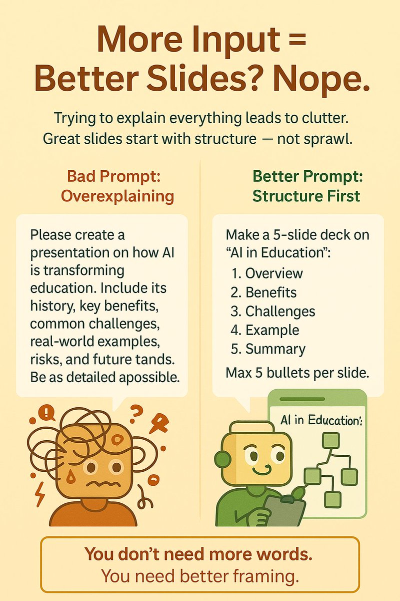 popaiinone's tweet image. Most people think better prompts = more detail.
But when it comes to AI-generated slides, that just means:
🔸 more clutter
🔸 longer bullets
🔸 messy structure

Here’s how to fix it — with less, not more.
👇

#PresentationExpert #presentation #PowerPointDesign #powerpoint #Excel…