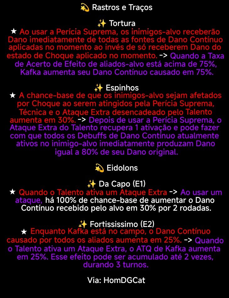 StarRailNewsBR3's tweet photo. 💫 Todas as mudanças no kit de Habilidades da Kafka após o Rework!!!

Via: HomDGCat
#HonkaiStarRail #Phainon https://t.co/k3WHhafLme