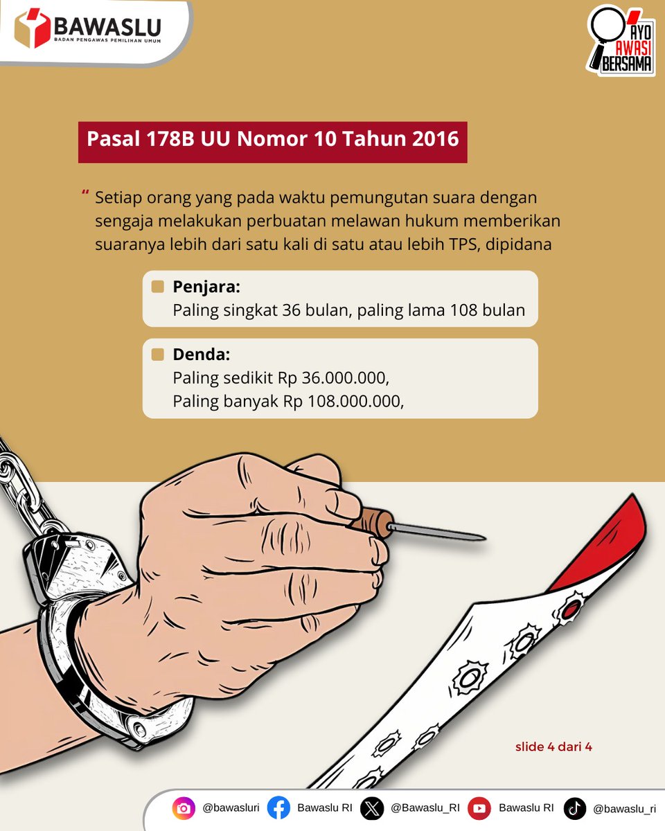 Awasmin ingatkan #SahabatBawaslu, kalau memang tidak punya hak pilih, jangan coba-coba ikut nyoblos pada PSU besok, karena Sahabat bisa disanksi pidana sampai Rp144 juta.

#AyoAwasiBersama
#PSUPilkada2024