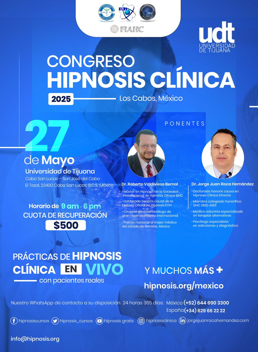 Congreso Internacional de Hipnosis en Los Cabos el prox. martes 27 mayo, presencial 🧠✨

Únete a líderes mundiales en Hipnosis para explorar técnicas innovadoras y aplicaciones terapéuticas

Un evento cumbre que va a mejorar tu práctica Hipnoterapéutica, eleva tu carrera al