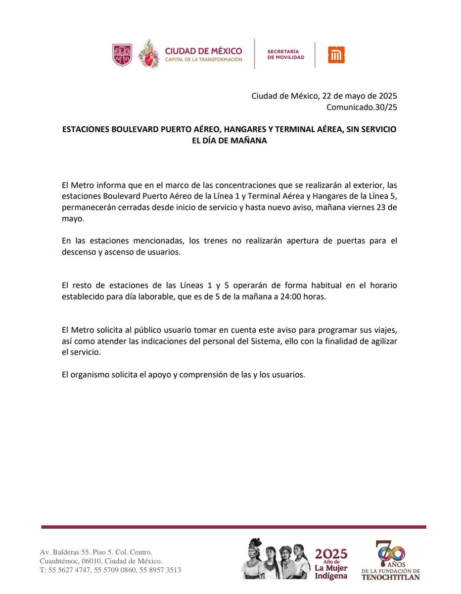 Tomen sus precauciones. Mañana los de la CNTE van a manifestarse en las inmediaciones del AICM.

Las estaciones Boulevard Puerto Aéreo, Hangares y Terminal Aérea no tendrán servicio. Salgan con mucho tiempo de anticipación.

Más en lopezdoriga.com