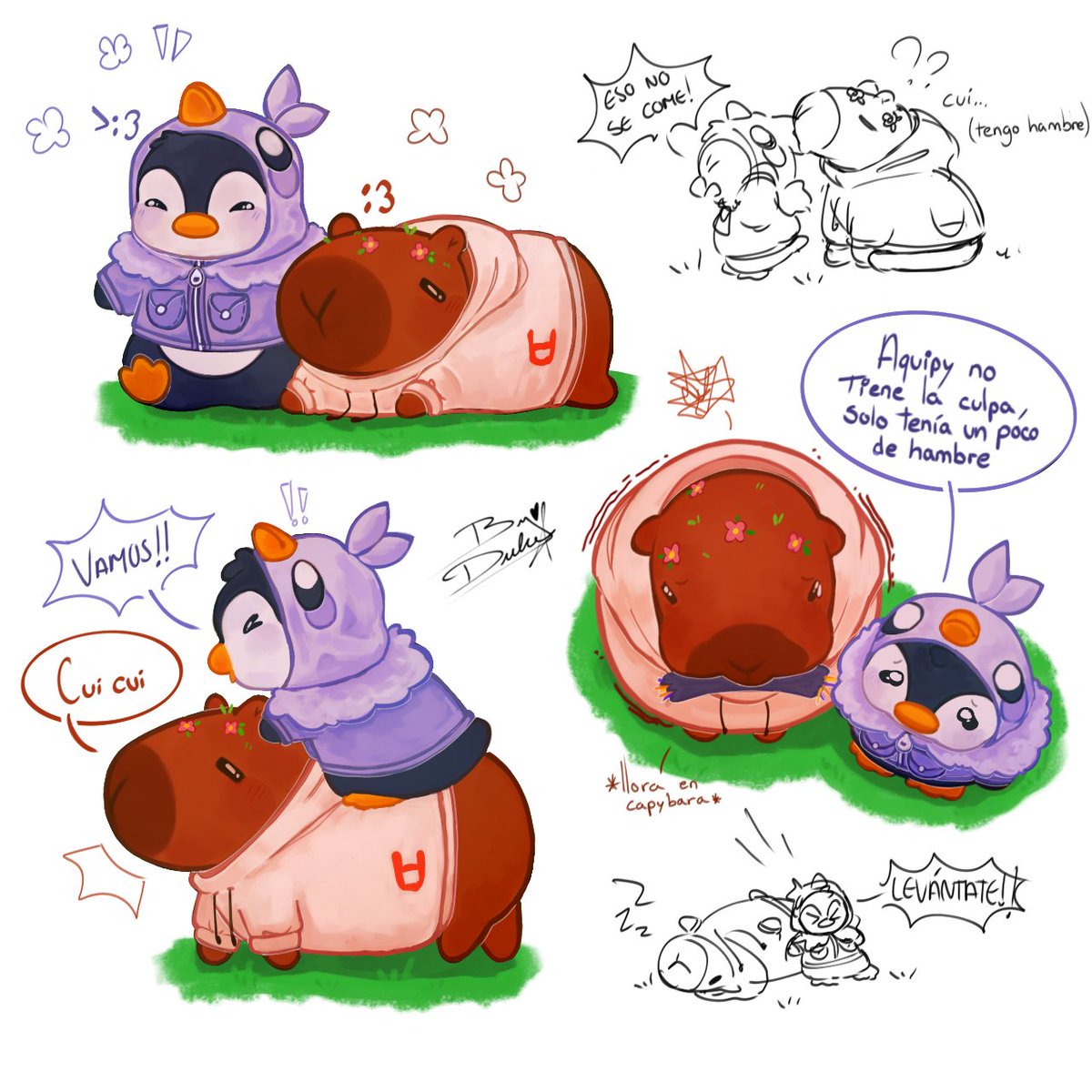 ByDulxe's tweet photo. — Mr Pinwi 🐧 y... ¿Un capybara? 🧡 #DUXO &amp; #AQUINO ☆
Se llama Aquipy 😁 Cui cui, o cómo le hacen los Capybaras? 

#duxofanart #aquinofanart https://t.co/DI12B1WGoV