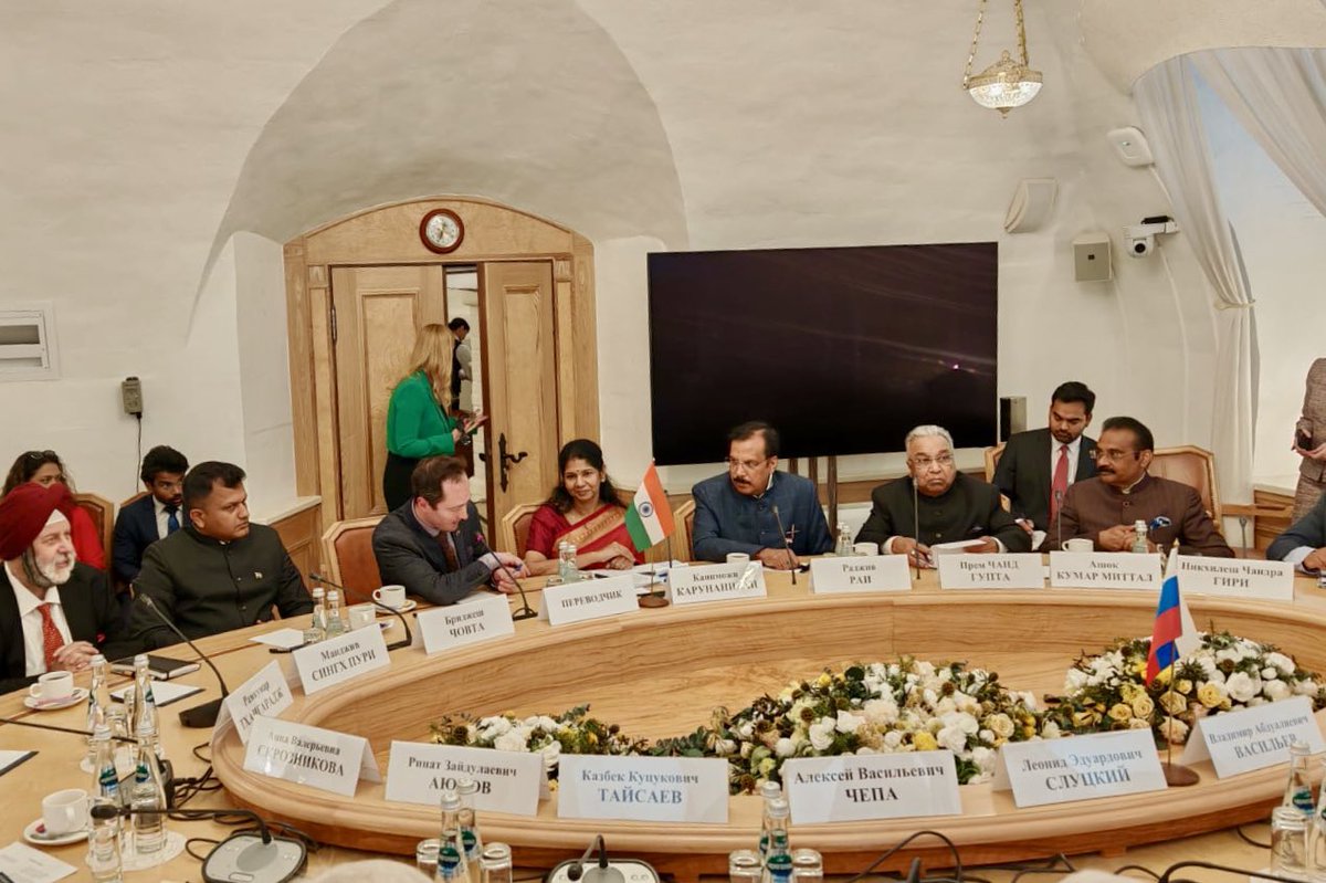 IndEmbMoscow's tweet photo. Hon’ble MPs @KanimozhiDMK , @RajeevRai , @CaptBrijesh , @guptapc50 , @DrAshokKMittal and @ambmanjeevpuri are received by the Chair of the State Duma Committee on International Affairs H.E. Mr. Leonid Slutsky along with other Members of the State Duma.

#OperationSindoor
#ZeroToleranceForTerrorism