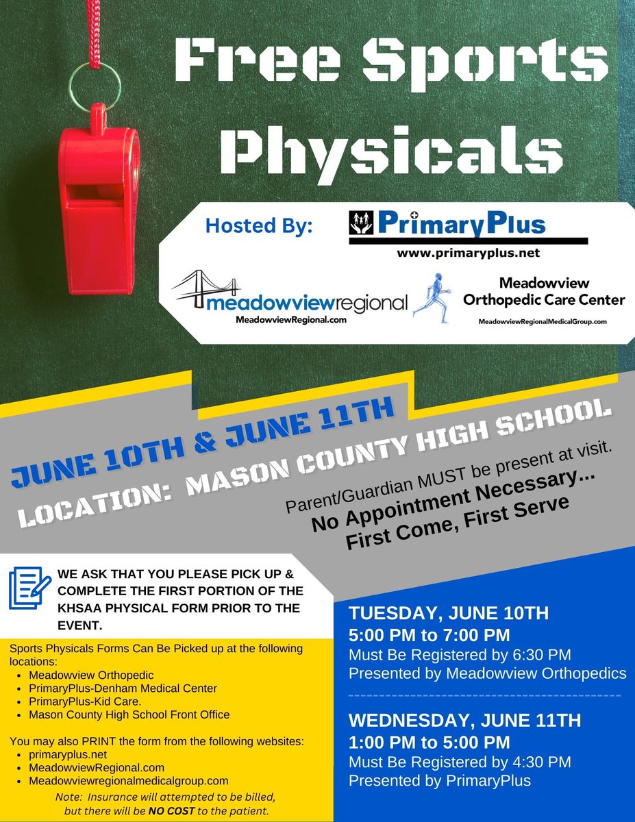 Bryan Gregory (@bgregory82) on Twitter photo Attention all MCMS and MCHS student athletes! Please take advantage of this opportunity to receive a free sports physical for the upcoming year! Huge Thank You to our sponsors for making this happen! <a href="/MCHSRoyals1/">Mason County High School</a> <a href="/RoyalsAth1etics/">Mason Co. Athletics</a>
<a href="/MasonCoFootball/">Mason Co. Football</a> <a href="/mcroyalssoccer/">Mason County Soccer</a>
<a href="/MCMSathletics2/">Mason County middle school athletics</a> Attention all MCMS and MCHS student athletes! Please take advantage of this opportunity to receive a free sports physical for the upcoming year! Huge Thank You to our sponsors for making this happen! <a href="/MCHSRoyals1/">Mason County High School</a> <a href="/RoyalsAth1etics/">Mason Co. Athletics</a>
<a href="/MasonCoFootball/">Mason Co. Football</a> <a href="/mcroyalssoccer/">Mason County Soccer</a>
<a href="/MCMSathletics2/">Mason County middle school athletics</a>