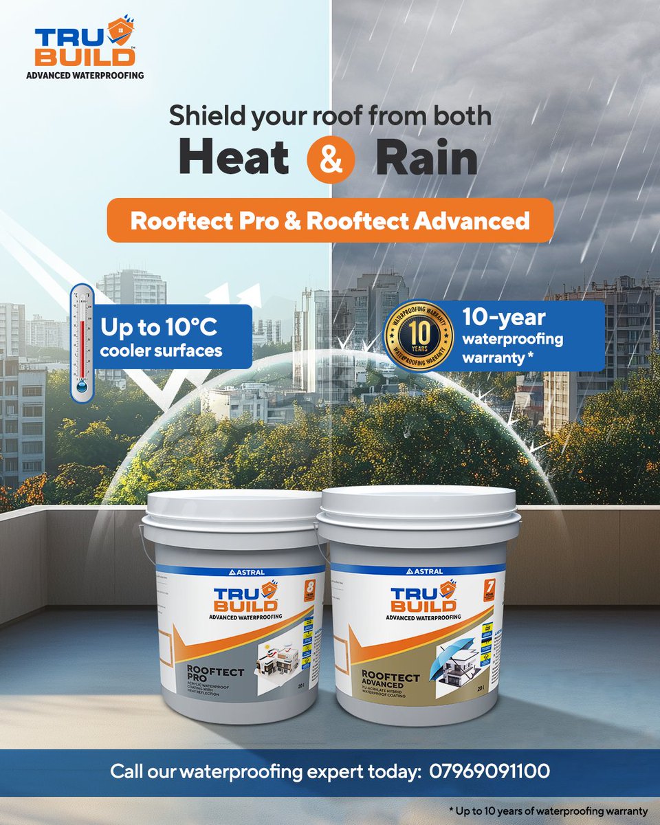 AstralTrubuild's tweet image. Heat ho ya rain, protection milega same!
Shield your roof from heat and rain with Rooftect Pro &amp;amp; Rooftect Advanced.

#Astral #AstralTrubuild #Trubuild #AdvancedWaterproofingSolutions #WaterproofingSolutions #RoofWaterproofing #RooftectAdvanced