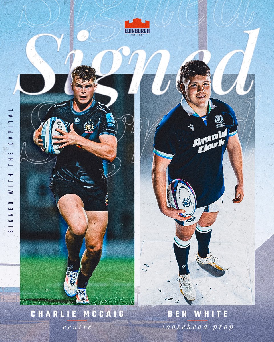 Edinburgh Rugby is delighted to announce the signing of promising young duo, SQ centre Charlie McCaig from Exeter Chiefs, and Scotland U20 loosehead Ben White from Melrose🤝

Read more ➡️ bit.ly/Ersigns