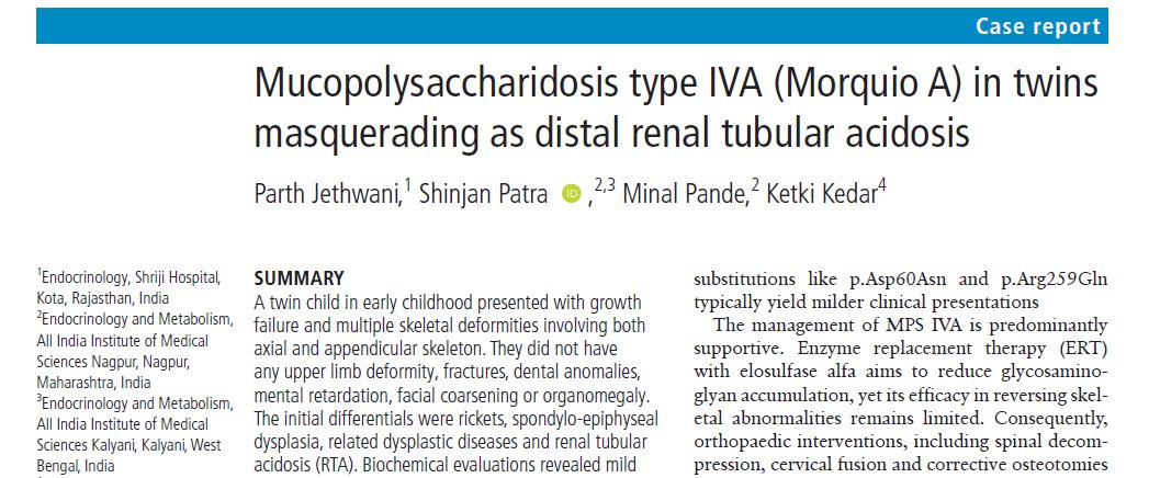 Dr.Shinjan Patra DM Endocrinology (@shinjan100) on Twitter photo Sharing our latest case report on a twin with Mucopolysaccharidosis (MPS) IVA, initially diagnosed as RTA <a href="/BMJCaseReports/">BMJCaseReports</a>. They presented with short stature and various deformities in the axial and appendicular skeleton. Though the biochemical picture initially resembled RTA, a Sharing our latest case report on a twin with Mucopolysaccharidosis (MPS) IVA, initially diagnosed as RTA <a href="/BMJCaseReports/">BMJCaseReports</a>. They presented with short stature and various deformities in the axial and appendicular skeleton. Though the biochemical picture initially resembled RTA, a