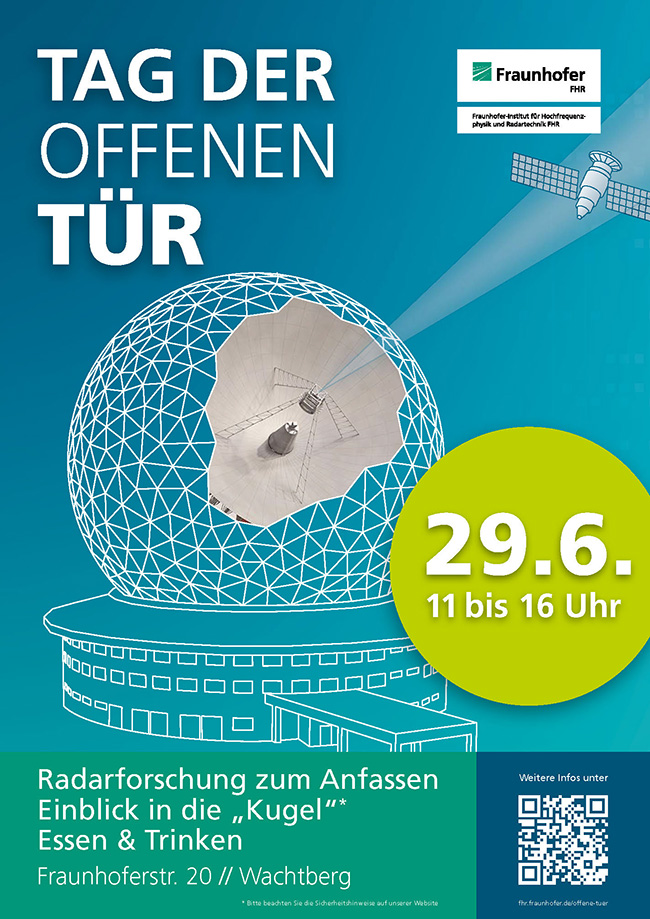 ✨Tag der offenen Tür am Fraunhofer FHR! Besuchen Sie uns am 29. Juni 2025 von 11-16 Uhr und freuen Sie sich auf spannende Präsentationen und Führungen, auch in unsere "Kugel“, das Weltraumbeobachtungsradar TIRA 📡! Keine Anmeldung nötig, Eintritt frei. #FraunhoferFHR #OpenDay