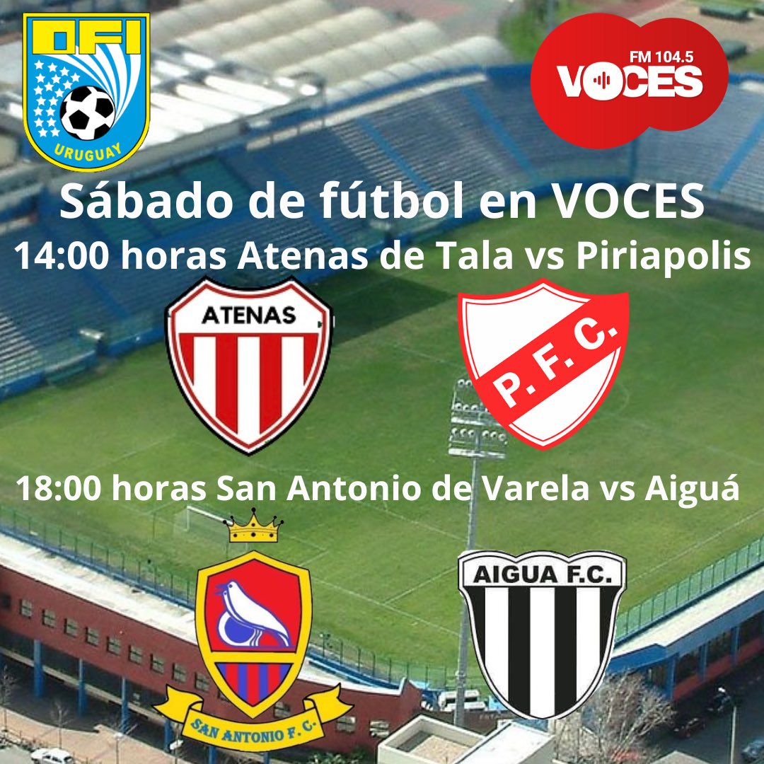 El sábado los esperamos desde  las 14:00 para una nueva fecha del Torneo Nacional de Clubes de OFI en FM VOCES. Relatos en vivo para Atenas de Tala y <a href="/piriapolisfc/">Piriápolis Fútbol Club</a> y San Antonio de Varela ante <a href="/aiguafc/">aiguafc</a>.