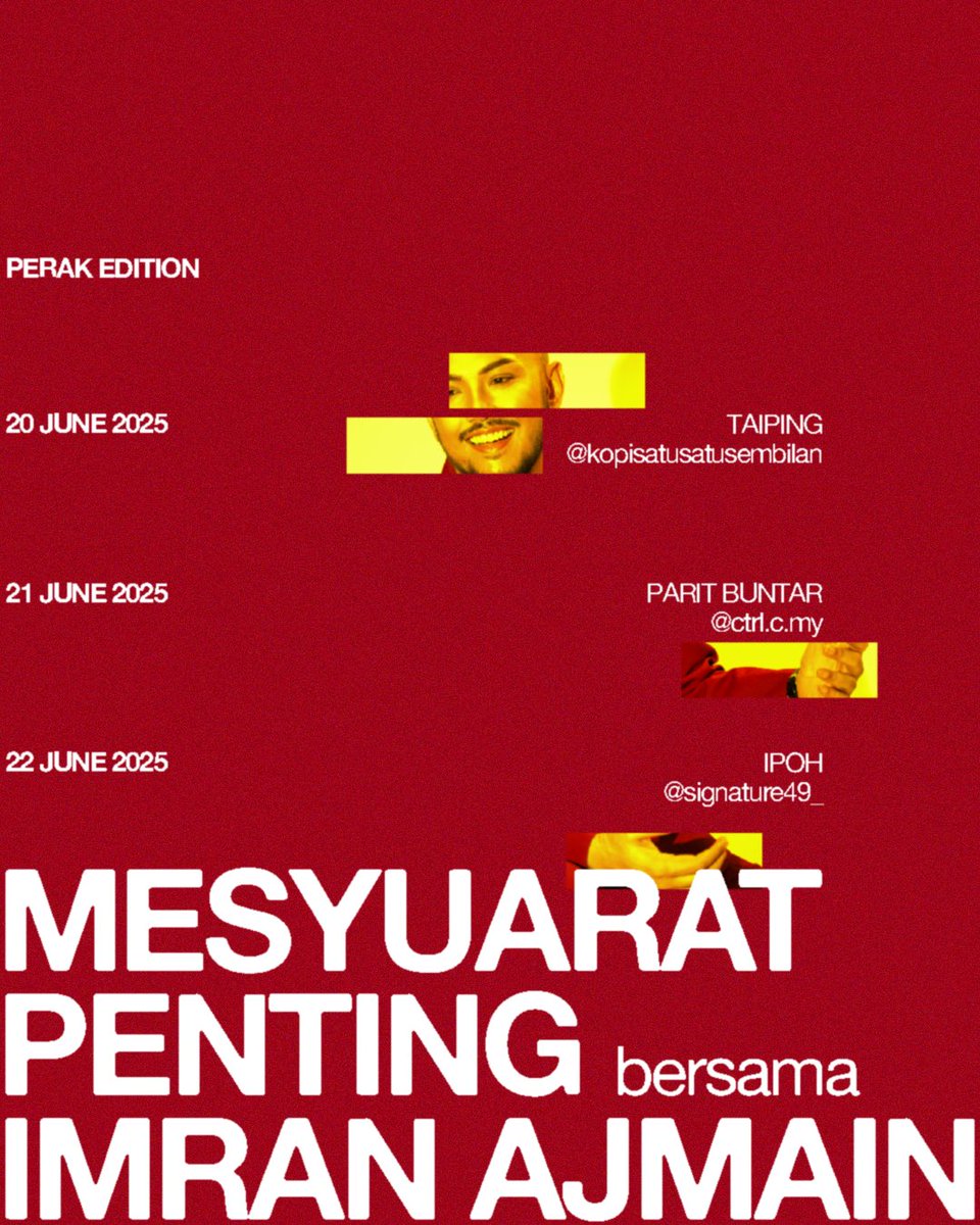 Imran Ajmain (@imranajmain) on Twitter photo I’m going on a small cafe tour and I’m starting in Perak. Tickets go on sale TONIGHT 8PM only on <a href="/uber_tickets/">Ubertickets Asia</a> 🔈
▪️Fri 20 June 2025 - Taiping
▪️Sat 21 June 2025 - Parit Buntar
▪️Sun 22 June 2025 - Ipoh I’m going on a small cafe tour and I’m starting in Perak. Tickets go on sale TONIGHT 8PM only on <a href="/uber_tickets/">Ubertickets Asia</a> 🔈
▪️Fri 20 June 2025 - Taiping
▪️Sat 21 June 2025 - Parit Buntar
▪️Sun 22 June 2025 - Ipoh