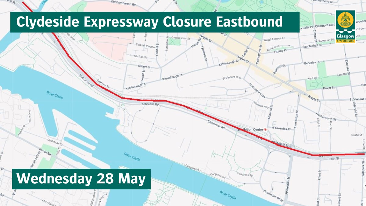 Glasgow City Council (@glasgowcc) on Twitter photo ⛔️ The Clydeside Expressway will be closed Eastbound between Glasgow Harbour on Ramp and the M8, Stobcross on Ramp from 8pm – 6am on Wed 28 May.
Diversions will be in place.
<a href="/SWTrunkRoads/">Amey SW Trunk Roads</a> ⛔️ The Clydeside Expressway will be closed Eastbound between Glasgow Harbour on Ramp and the M8, Stobcross on Ramp from 8pm – 6am on Wed 28 May.
Diversions will be in place.
<a href="/SWTrunkRoads/">Amey SW Trunk Roads</a>
