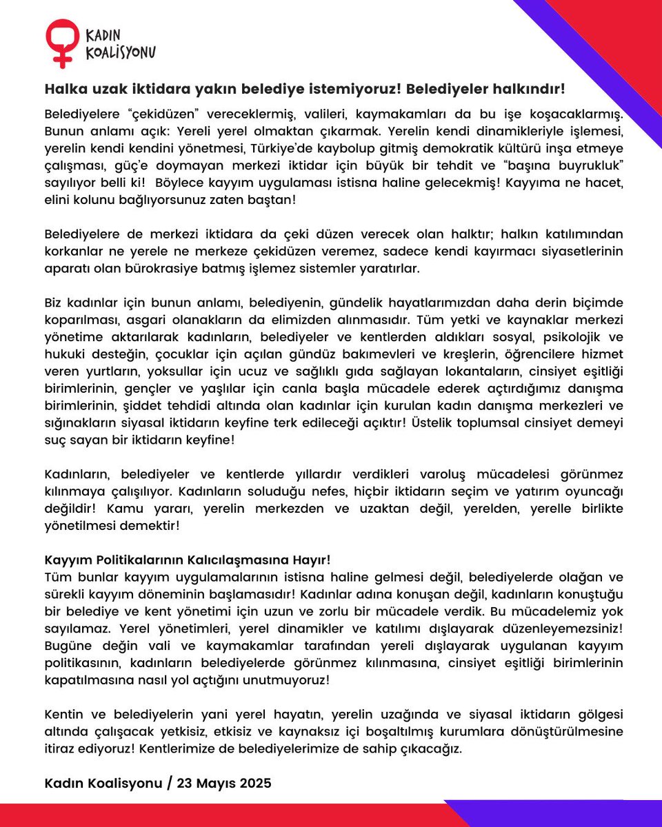 Halka uzak, iktidara yakın belediye istemiyoruz! Belediyeler halkındır!
Merkezi iktidarın belediyelere müdahalesi, yerelin ve halkın iradesini yok saymak demektir. 
Devamı cevaplarda +

#BelediyelerHalkındır