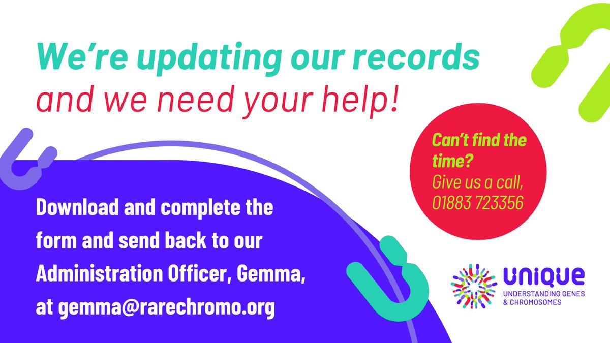 Unique (@unique_charity) on Twitter photo 🚨Attention members!
We are currently updating the records we hold for all our families. Please complete our form and send back to gemma@rarechromo.org
👉 ow.ly/ZRGw50VWm49
Can't find the time? Give us a call and we'll be on hand to help with a speedy update 01883 723356 🚨Attention members!
We are currently updating the records we hold for all our families. Please complete our form and send back to gemma@rarechromo.org
👉 ow.ly/ZRGw50VWm49
Can't find the time? Give us a call and we'll be on hand to help with a speedy update 01883 723356