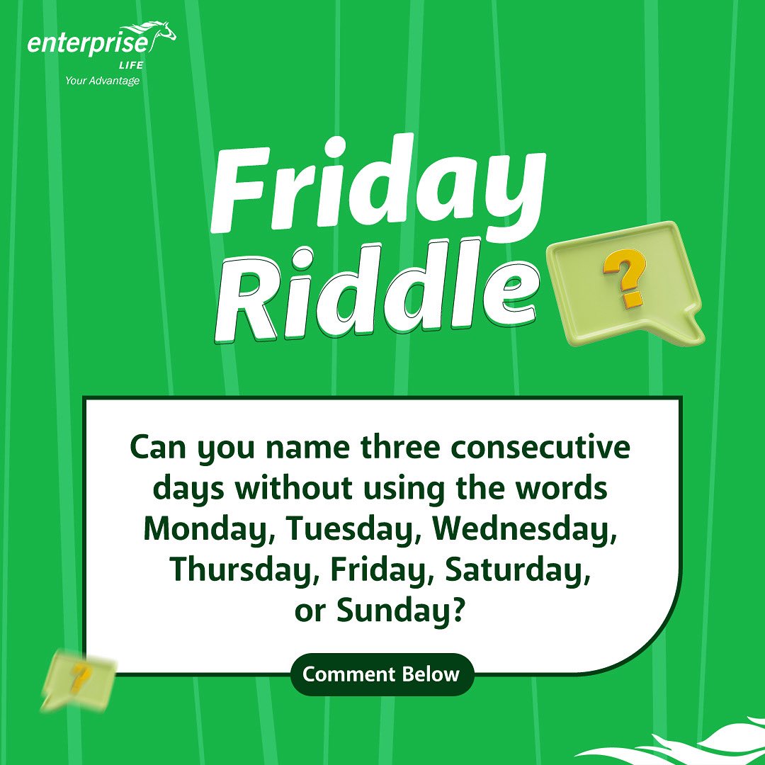 elghconverses's tweet image. Riddle Riddle!
Can you crack this brain teaser without breaking a sweat? 
Tell us: What are three consecutive days without using any of the usual weekday names?
Drop your answers below, let’s see who the real riddlers are!

#FridayRiddle #EnterpriseLife #ThinkSmart #FunFridays