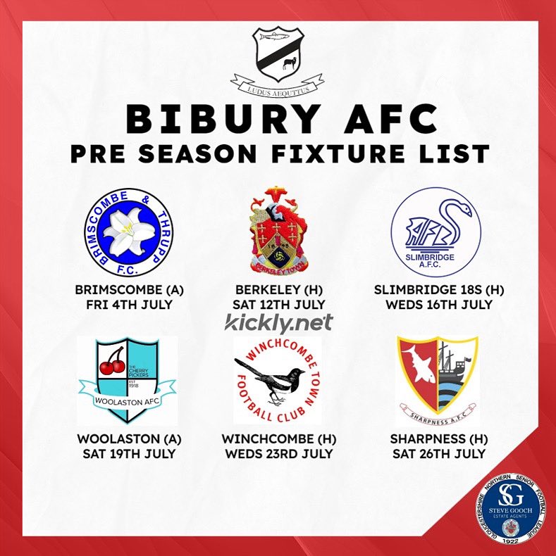 Bibury Football Club (@biburyafc) on Twitter photo Our pre season schedule is now finished!
Friday 4th July: <a href="/Btfcthemeadow/">Brimscombe & Thrupp FC</a> A
Saturday 12th July: <a href="/berkeleytownfc/">Berkeley Town FC</a> H
Weds 16th July: <a href="/slimbridgeafc/">Slimbridge AFC</a> U18s H
Saturday 19th July: <a href="/WoolastonFC/">Woolaston AFC</a> A
Weds 23rd July: <a href="/winchcombetown/">Winchcombe Town FC</a> H
Saturday 26th July: <a href="/sharpnessafc/">Sharpness AFC</a> H
Hala Bibury 🐟 Our pre season schedule is now finished!
Friday 4th July: <a href="/Btfcthemeadow/">Brimscombe & Thrupp FC</a> A
Saturday 12th July: <a href="/berkeleytownfc/">Berkeley Town FC</a> H
Weds 16th July: <a href="/slimbridgeafc/">Slimbridge AFC</a> U18s H
Saturday 19th July: <a href="/WoolastonFC/">Woolaston AFC</a> A
Weds 23rd July: <a href="/winchcombetown/">Winchcombe Town FC</a> H
Saturday 26th July: <a href="/sharpnessafc/">Sharpness AFC</a> H
Hala Bibury 🐟