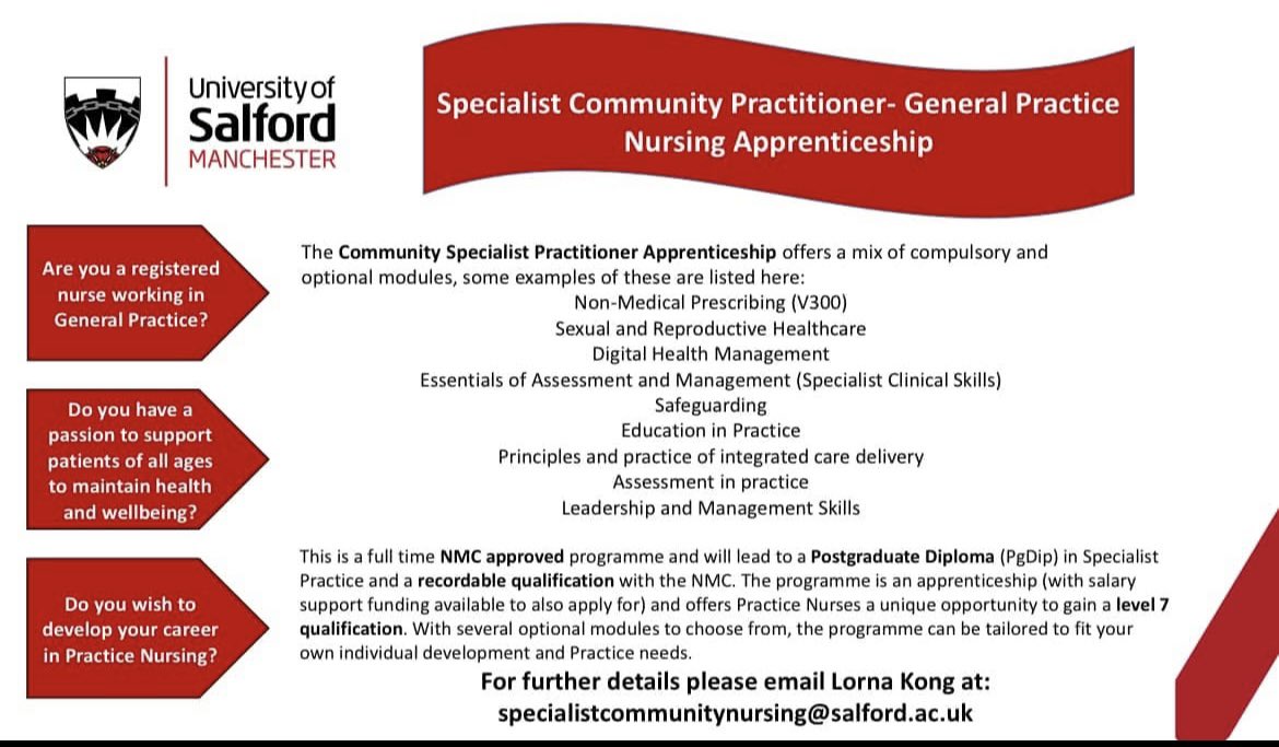 Lorna Kong (@lornakong) on Twitter photo The University of Salford is now recruiting for the September 2025 intake of the Specialist Community Practitioner-General Practice Nursing post graduate diploma. Salary suppprt funding is available. <a href="/GM_PCB/">Greater Manchester Primary Care Provider Board</a> <a href="/GMTrainHub/">Greater Manchester Training Hub</a> <a href="/RCNNorthWest/">RCN North West</a> <a href="/louisebrady17/">louise brady RN π π</a> The University of Salford is now recruiting for the September 2025 intake of the Specialist Community Practitioner-General Practice Nursing post graduate diploma. Salary suppprt funding is available. <a href="/GM_PCB/">Greater Manchester Primary Care Provider Board</a> <a href="/GMTrainHub/">Greater Manchester Training Hub</a> <a href="/RCNNorthWest/">RCN North West</a> <a href="/louisebrady17/">louise brady RN π π</a>