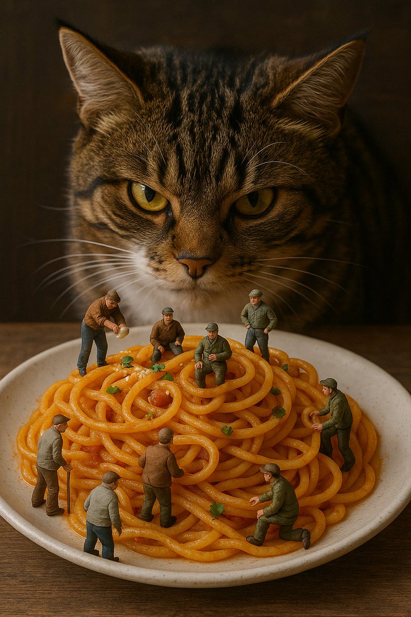 spiricow's tweet image. 昨日の夢が一生懸命でっかいスパゲッティをみんなで作ってたら後ろからさらに大きい猫に狙われてる夢だったので、そろそろ本気で病院に行くまで視野です。