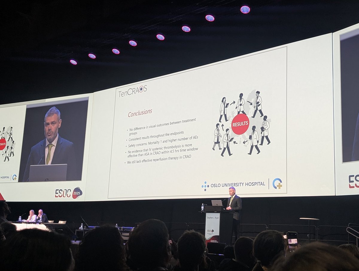NeuroNews (@nn_publishing) on Twitter photo Stephen Ryan delivers TenCRAOS study results, which found no clinical benefits with early tenecteplase treatment in central retinal artery occlusion - leading the presenter to conclude that an effective reperfusion therapy for these patients is still lacking
#ESOC2025 <a href="/ESOstroke/">European Stroke Org</a> Stephen Ryan delivers TenCRAOS study results, which found no clinical benefits with early tenecteplase treatment in central retinal artery occlusion - leading the presenter to conclude that an effective reperfusion therapy for these patients is still lacking
#ESOC2025 <a href="/ESOstroke/">European Stroke Org</a>
