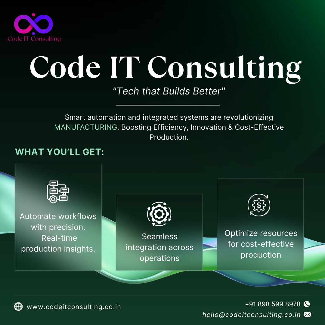 CodeIT_co's tweet image. Modernize your factory with smart automation solutions from Code IT Consulting!
Start your smart factory journey today!
📧 hello@codeitconsulting.co.in
🌐 codeitconsulting.co.in
📞 +91 898 599 8978
#SmartFactory #ManufacturingAutomation #DigitalManufacturing #CodeITConsulting