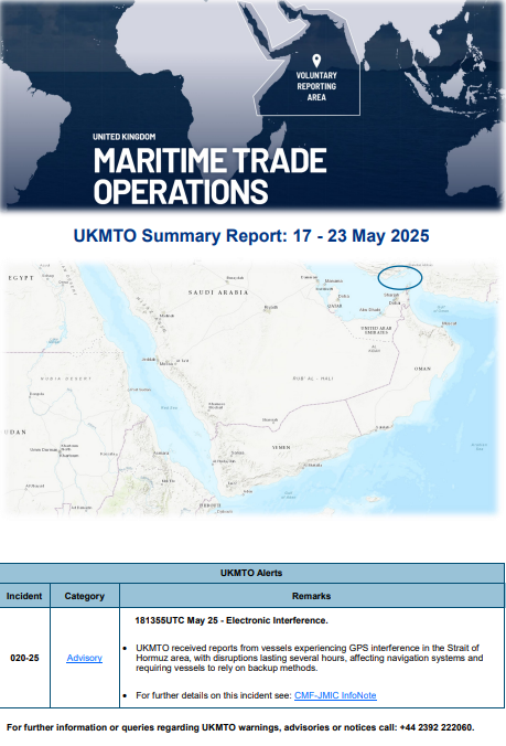 UKMTO Summary Report: 17 - 23 May 2025

ukmto.org/-/media/ukmto/…

#MaritimeSecurity #MarSec