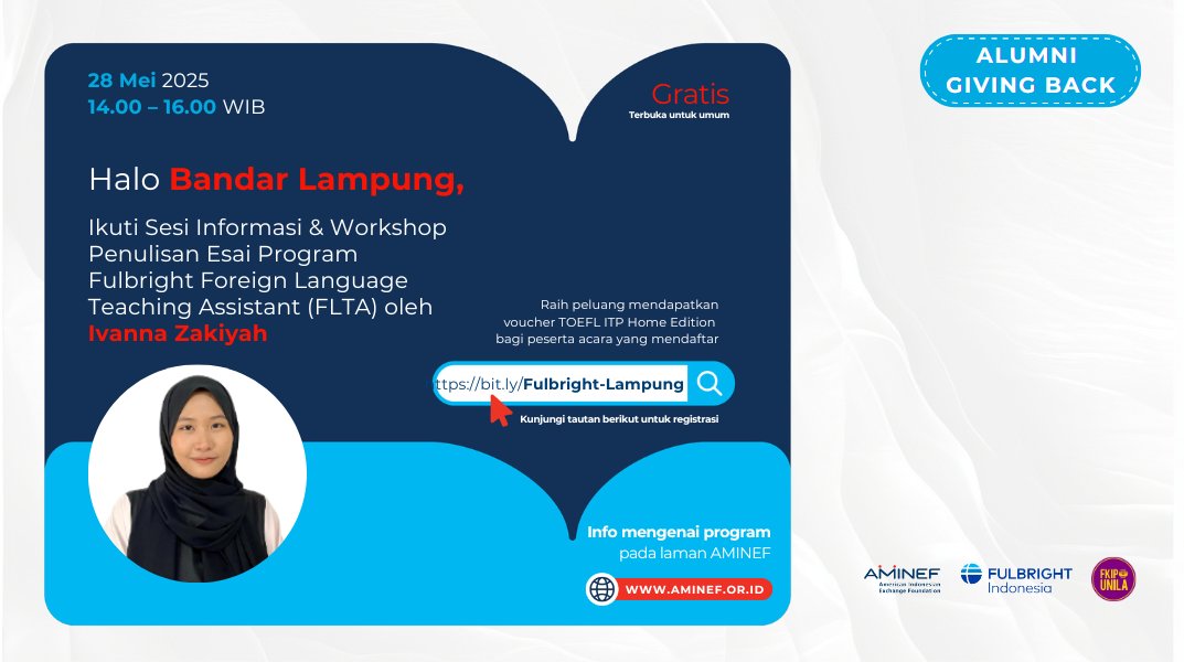 FulbrightID's tweet image. Dari Bandar Lampung ke Amerika: Guru bahasa juga berkesempatan mengasah profesionalisme di AS! 

Mari gabung pada sesi #AlumniGivingBack oleh Ivanna Zakiyah, alumni Fulbright FLTA, yg akan berbagi pengalaman mengajar di AS &amp;amp; membimbing calon pelamar dari komunitasnya.