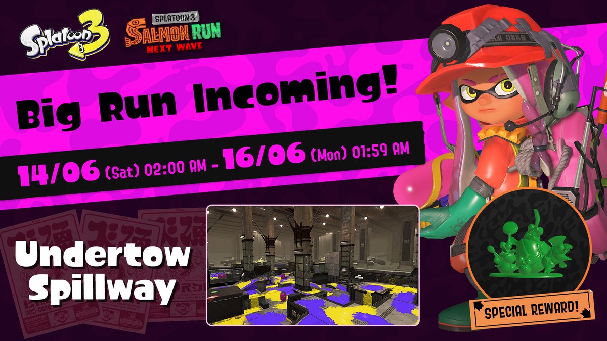 Salmonids spill onto Undertow Spillway in the next #Splatoon3 Big Run, forecast to occur from June 14th!