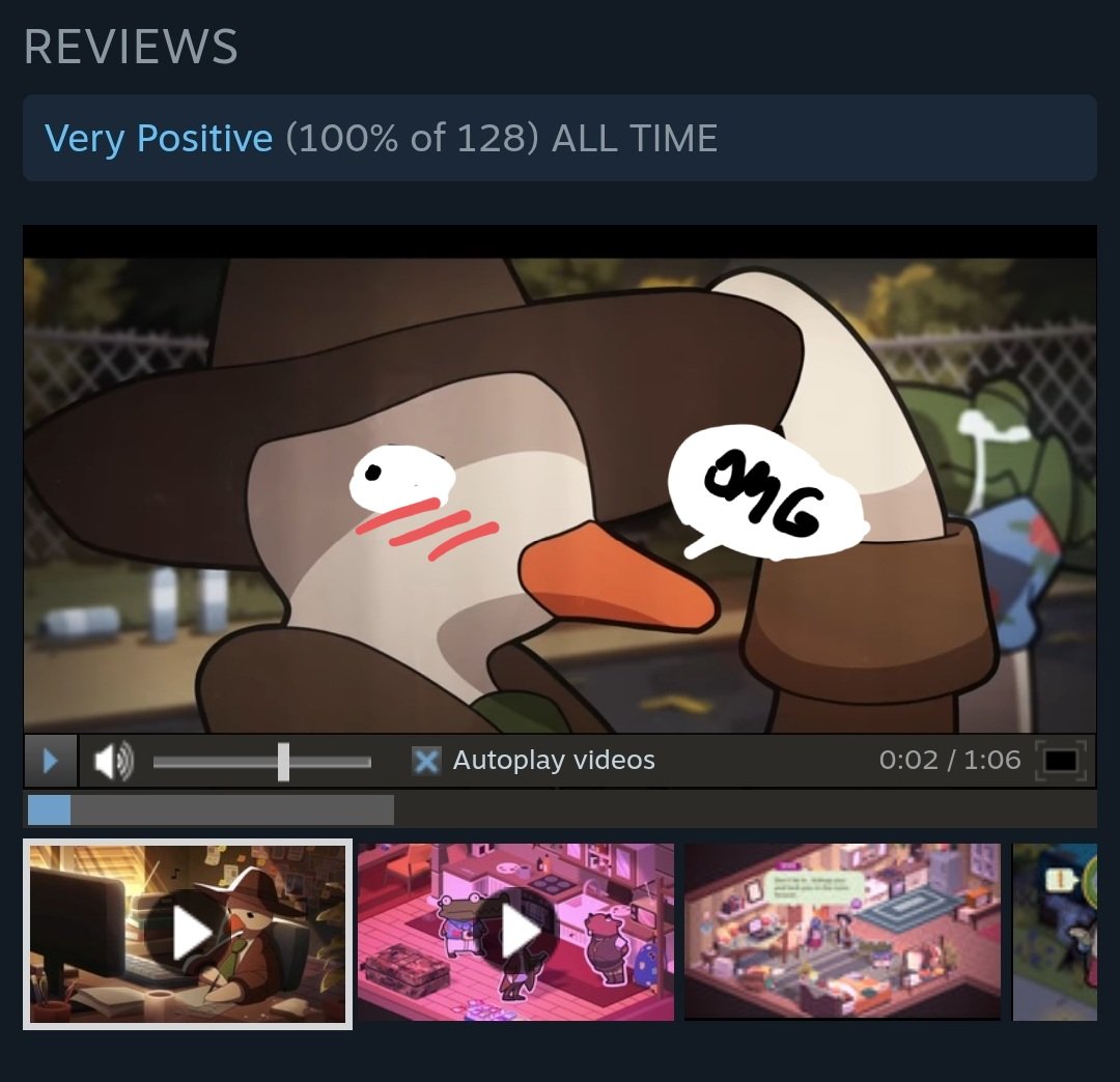 OMG.
The release of Duck Detective: The Ghost of Glamping has been pretty insane!
128 reviews after just 1 day and 100% positive?! thanks so much everyone!!