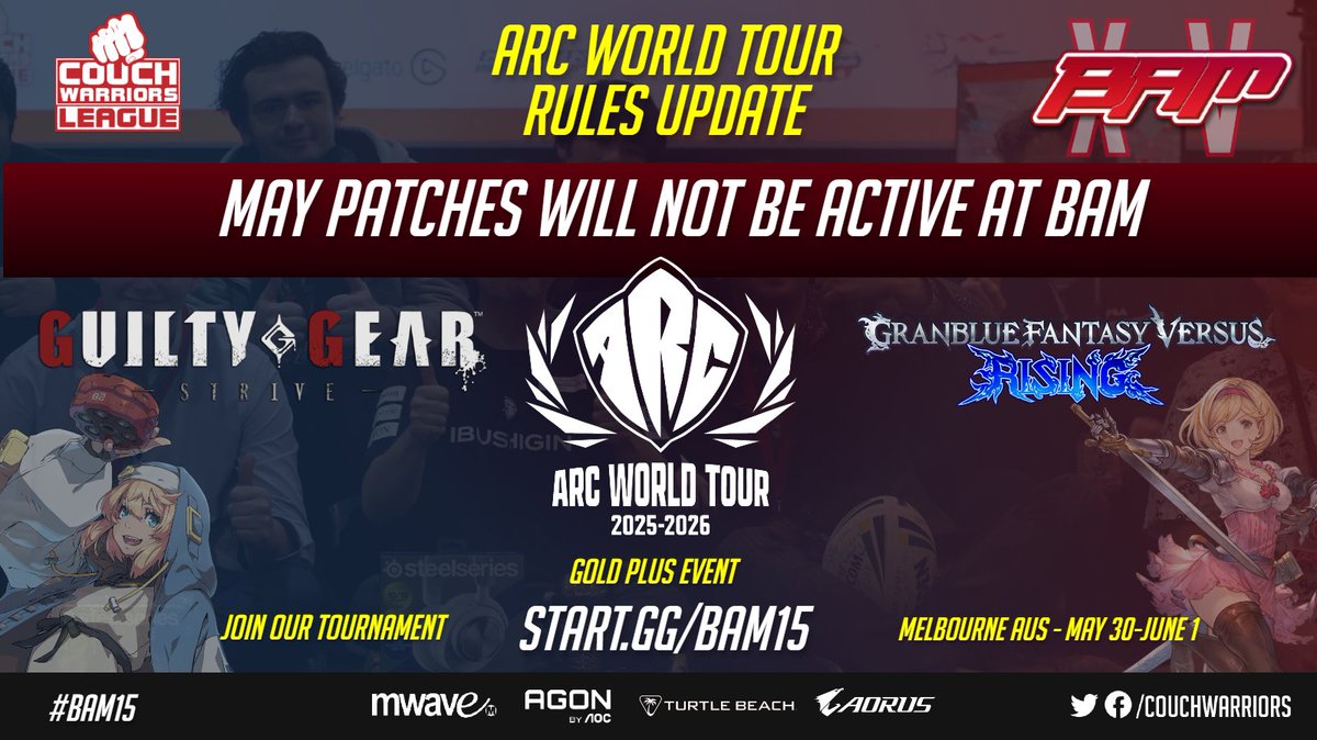 CouchWarriors (@couchwarriors) on Twitter photo Important Rules update #AWT2025
🕹️Guilty Gear -STRIVE- &
🕹️Granblue Fantasy Versus: Rising
With patches on May 27 & 28th, per recommendation from <a href="/ASWesports/">ASW_esports ┃ARC WORLD TOUR 2025-2026</a> our systems will NOT be updated
This is to ensure a fair playing field for all.
🧾Rules: couchwarriors.org/game-rules-bam/ Important Rules update #AWT2025
🕹️Guilty Gear -STRIVE- &
🕹️Granblue Fantasy Versus: Rising
With patches on May 27 & 28th, per recommendation from <a href="/ASWesports/">ASW_esports ┃ARC WORLD TOUR 2025-2026</a> our systems will NOT be updated
This is to ensure a fair playing field for all.
🧾Rules: couchwarriors.org/game-rules-bam/