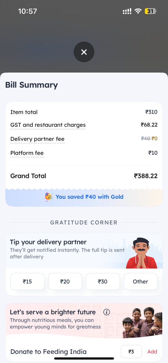 nimmmesh's tweet image. Ordered 2 Faloodas from A1 Ice Cream, Ghatkopar

Swiggy: ₹334
Zomato: ₹388
A ₹54 difference!

Digging deeper, here’s the kicker:

GST on Swiggy: ₹15
GST on Zomato: ₹55
Same outlet, same items – why this huge difference in tax?

@zomato @swiggyindia  - Can you please clarify?