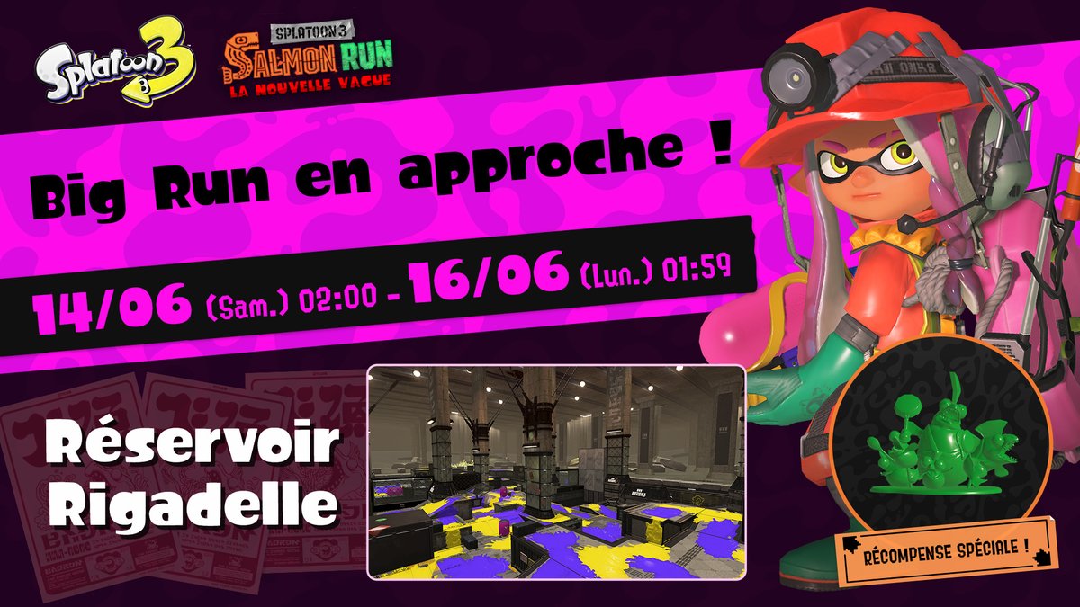 Splatoon_FRA's tweet image. Les Salmonoïdes s&apos;apprêtent à déferler sur le Réservoir Rigadelle lors du prochain Big Run, prévu le 14 juin !