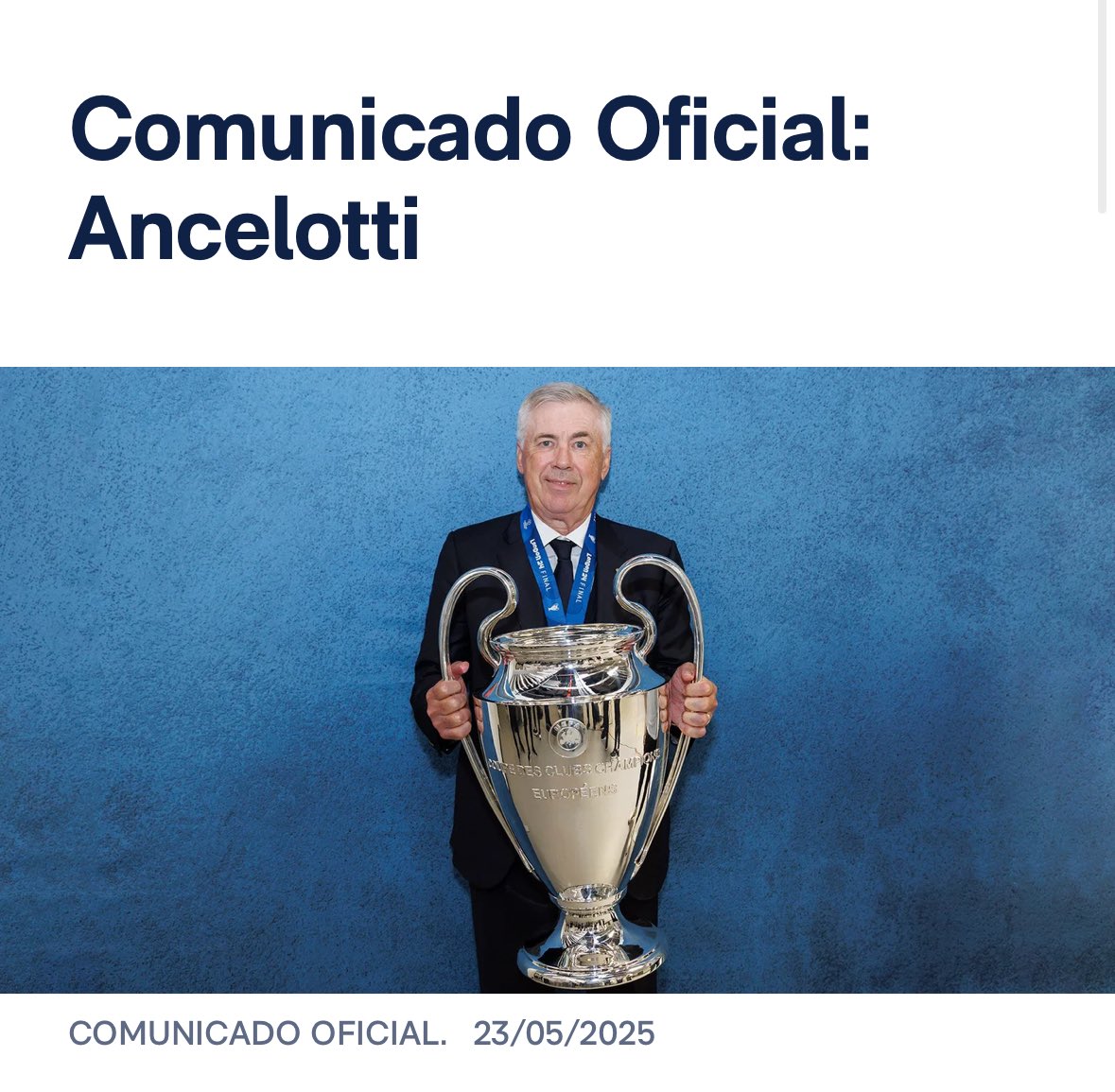 SeputarMadrid's tweet photo. 🚨⚪️ PERNYATAAN RESMI REAL MADRID C. F. PERIHAL: CARLO ANCELOTTI.

Real Madrid C. F. dan Carlo Ancelotti telah mencapai kesepakatan untuk mengakhiri masa jabatannya sebagai pelatih Real Madrid. Klub kami ingin menyampaikan rasa terima kasih dan kasih sayang kepada salah satu legenda besar Real Madrid dan sepak bola dunia.

Carlo Ancelotti telah memimpin tim kami di salah satu periode paling sukses dalam 123 tahun sejarah kami dan menjadi pelatih dengan jumlah gelar terbanyak dalam sejarah kami: 3 Piala Eropa, 3 Piala Dunia Antarklub, 3 Piala Super Eropa, 2 La Liga, 2 Copa del Rey, dan 2 Piala Super Spanyol. Total 15 gelar selama enam musim ia menjadi bagian dari klub kami.

Bagi presiden Real Madrid, Florentino Pérez, “Carlo Ancelotti selamanya menjadi bagian dari keluarga besar Madridista. Kami merasa bangga telah menikmati masa kepelatihan seorang pelatih yang telah membantu kami meraih begitu banyak kesuksesan dan yang juga telah mewakili nilai-nilai klub kami secara teladan.”

Besok, Santiago Bernabéu akan memberikan penghormatan dalam pertandingan terakhir Carlo Ancelotti sebagai pelatih Real Madrid.

Real Madrid mendoakan banyak keberuntungan untuknya dan seluruh keluarganya di babak baru kehidupannya.