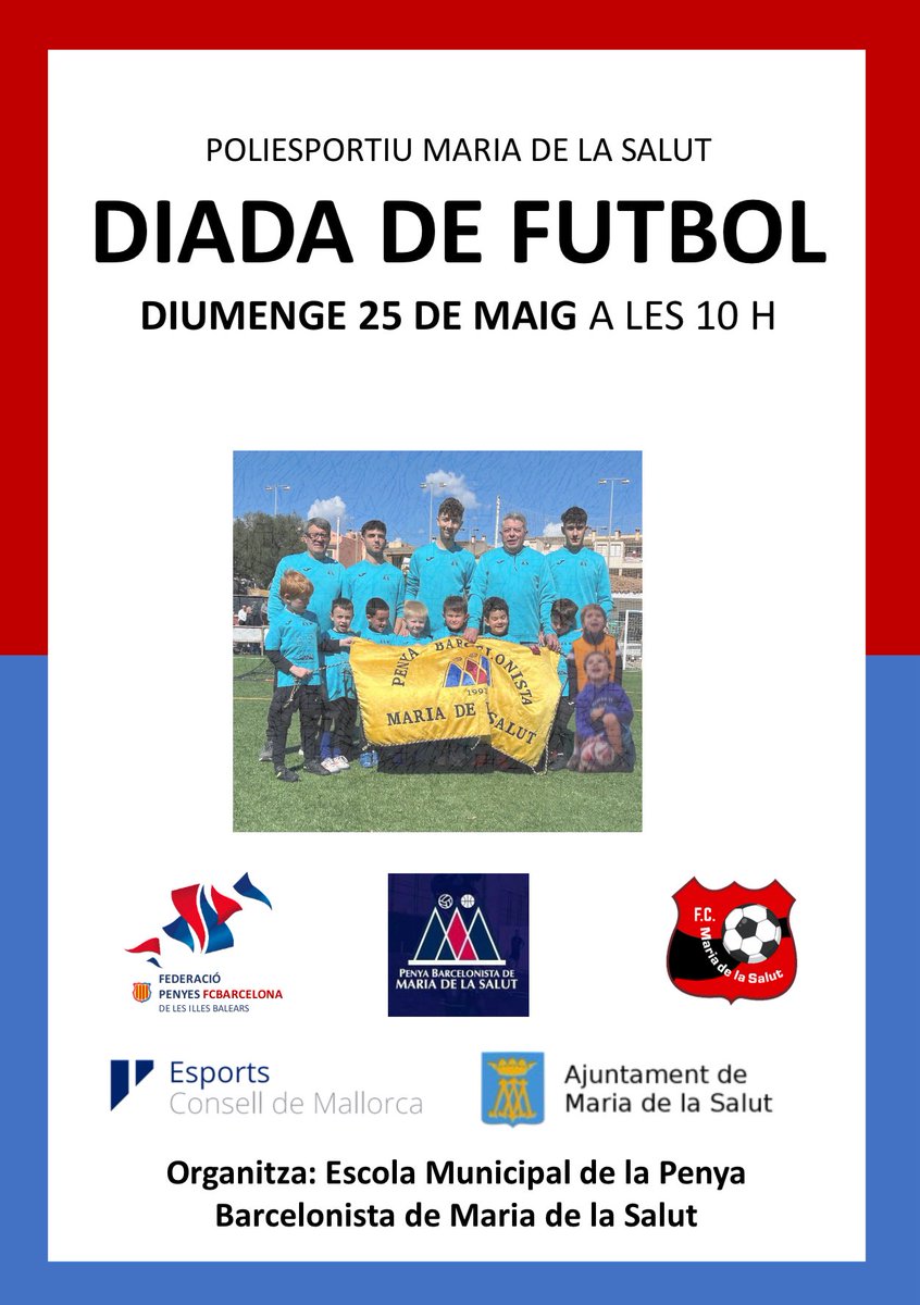 Aquest diumenge 25 a les 10 hores al Poliesportiu de Maria de la Salut, diada de futbol que organitza l’Escola Municipal de la P.B. de Maria de la Salut, on la nostra Federació també hi col•labora.

BONA DIADA!! 💙⚽️❤️