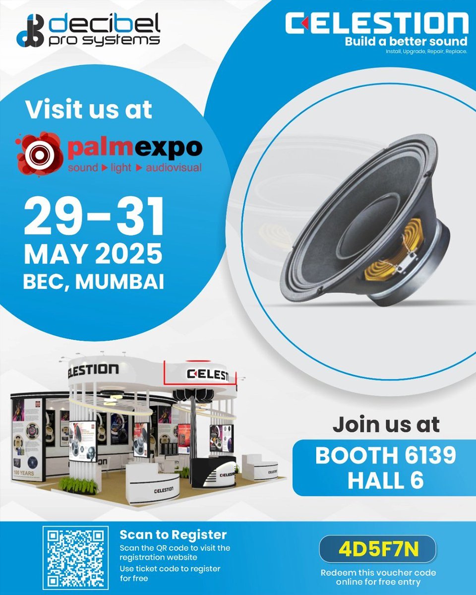 Next week, from the 29th-31st May, we'll be exhibiting at Palm Expo in Mumbai!

Find us on Booth 6139, Hall 6, where we'll be with Decibel Pro Systems, showcasing some of our latest audio innovations.

Find out more and register your attendance here: palmexpo.in