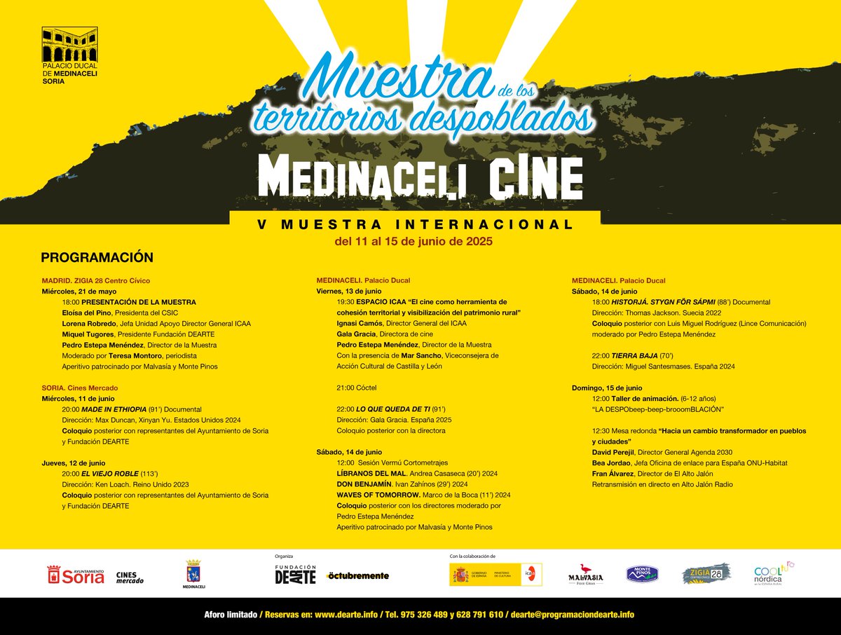CINETDM's tweet image. 🎬🌾Os presentamos la PROGRAMACIÓN oficial de la V edición de Medinaceli CINE - Muestra Internacional de Cine de los Territorios Despoblados del Mundo.
Del 11 al 15 de junio en #Medinaceli y #Soria.
Os contamos más...👇 @Ayto_Soria