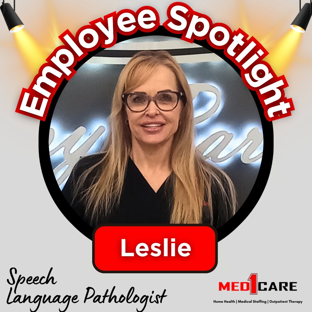 Meet Leslie, one of our amazing SLPs! She helps patients overcome challenges after injury or illness and regain quality of life. She loves travel, podcasts &amp; her 2 pups. 🐾 Want to work with a pro like Leslie? Visit med1care.org!

#NationalSpeechLanguageHearingMonth